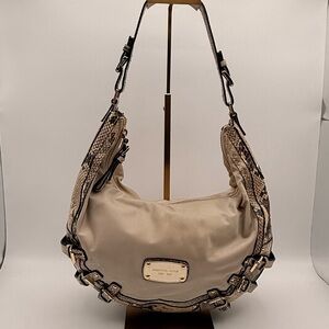 Michael Kors Snakeskin Trim Nylon Hobo Shoulder Bag Gold Hardware